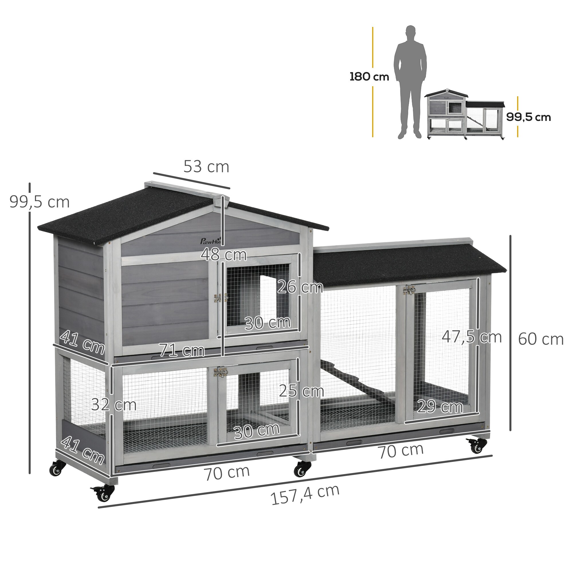PawHut Kleintierstall mit 6 Rädern grau 157,4L x 53B x 99,5H cm
