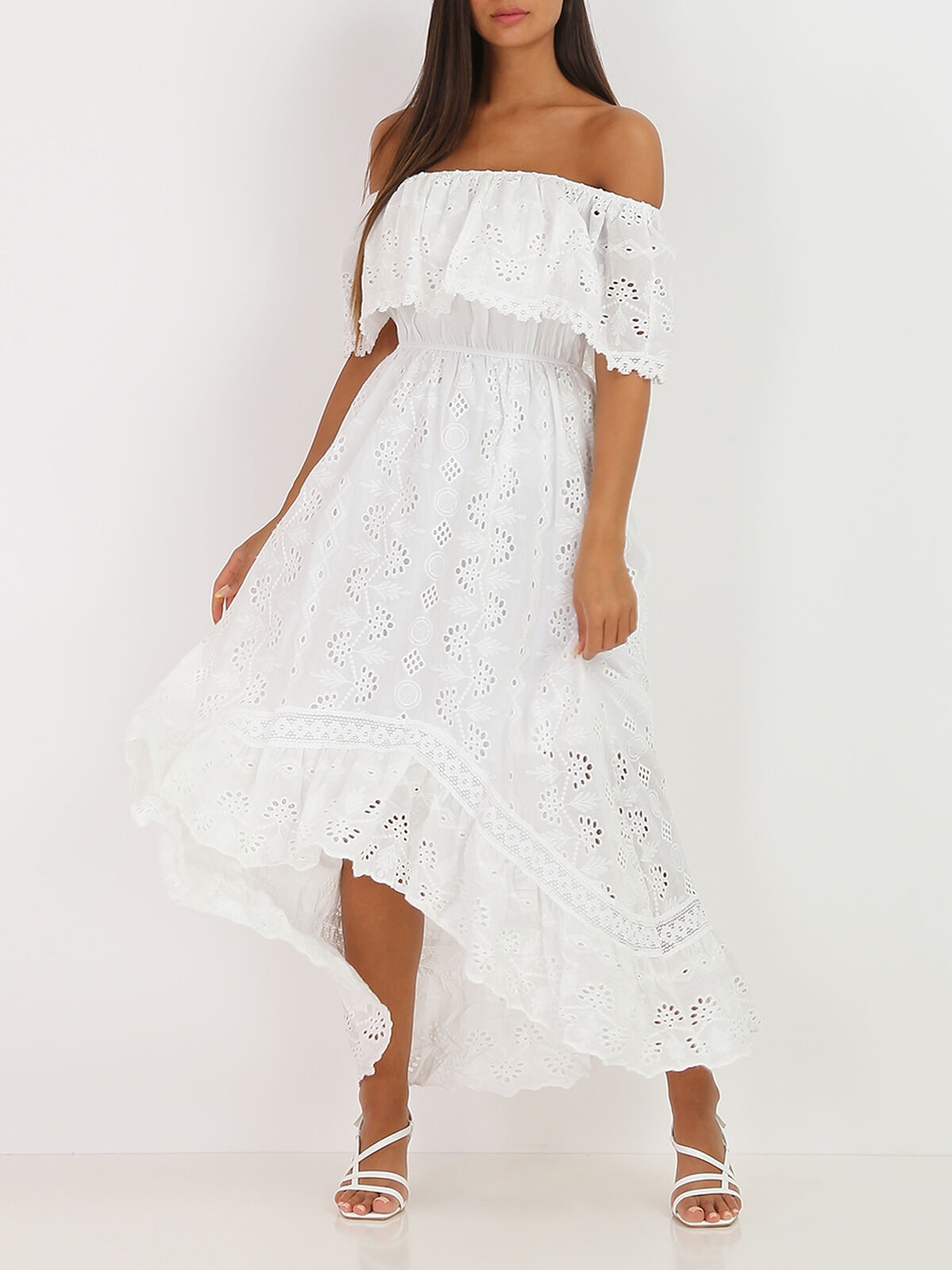 Robe asymétrique à col bardot- Blanc