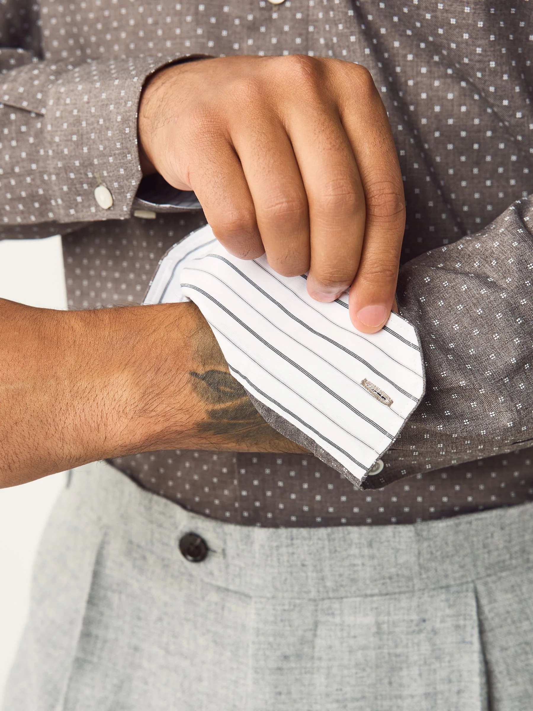 Witte Strepen/Antracietkleurige Print - Slim Fit - Strijkvrije slimme overhemden met enkele manchet 2 pak