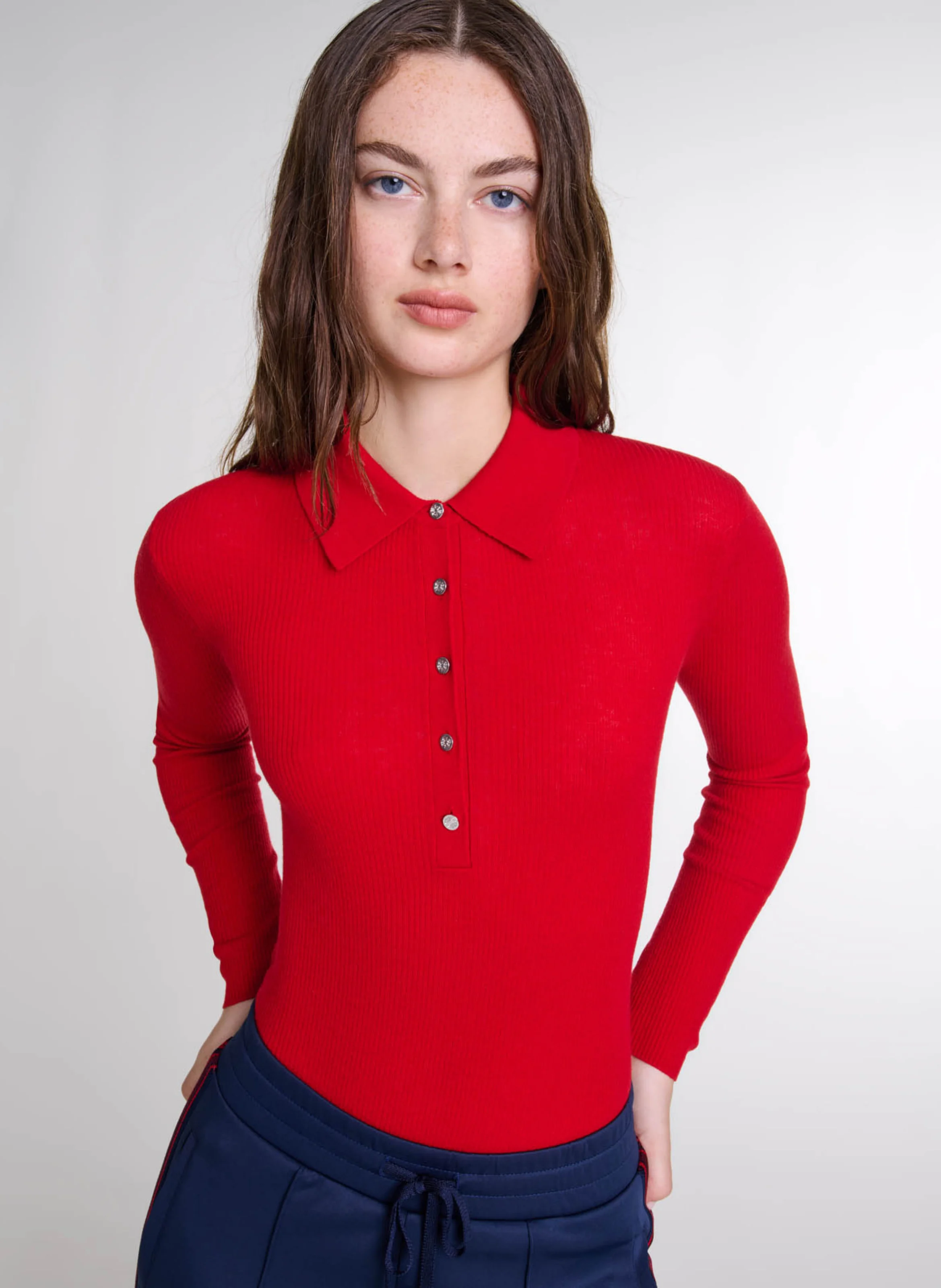 Body col polo en laine mélangée | Rouge