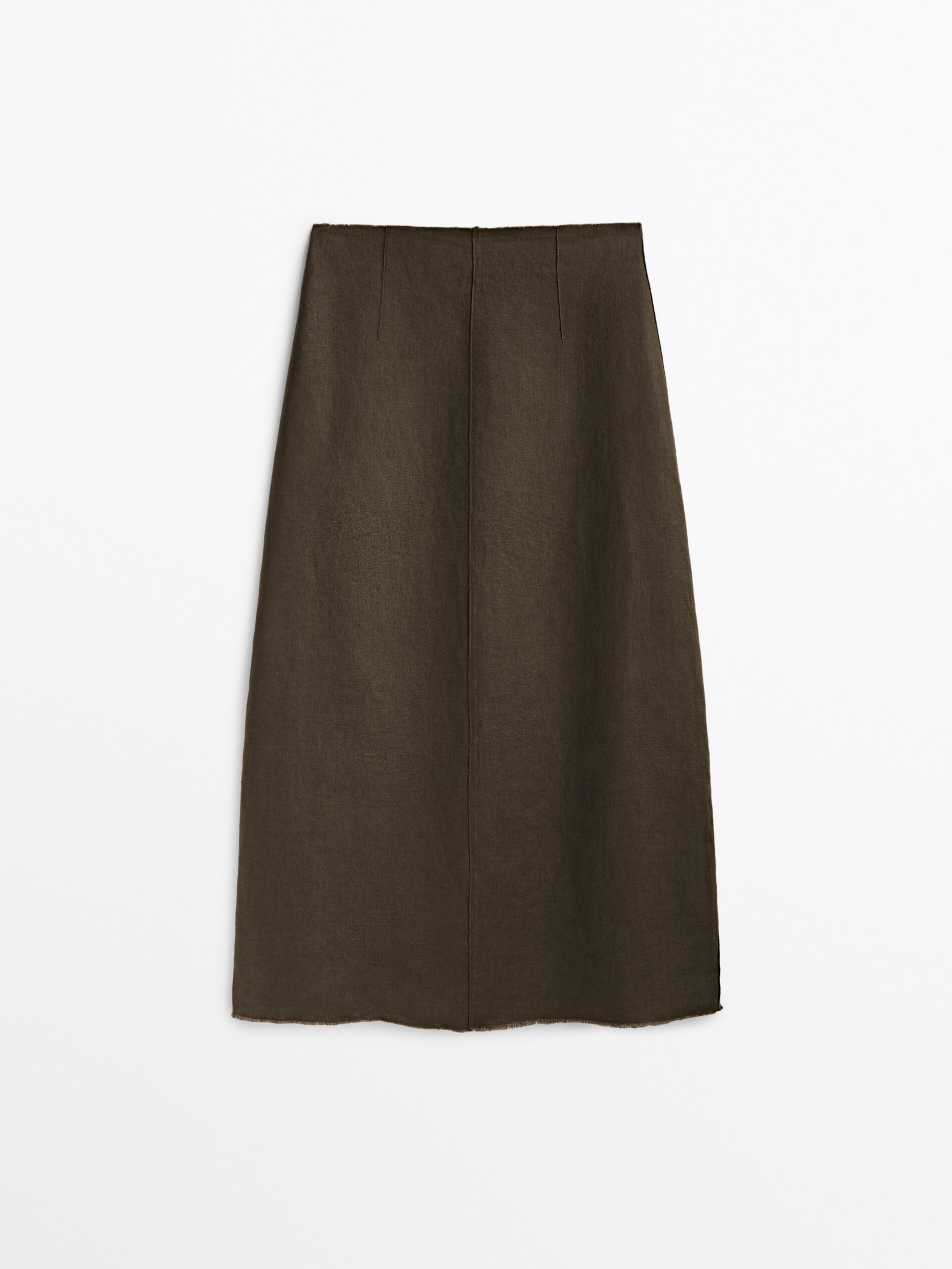 Saia midi de linho com detalhes de costura - CAQUI