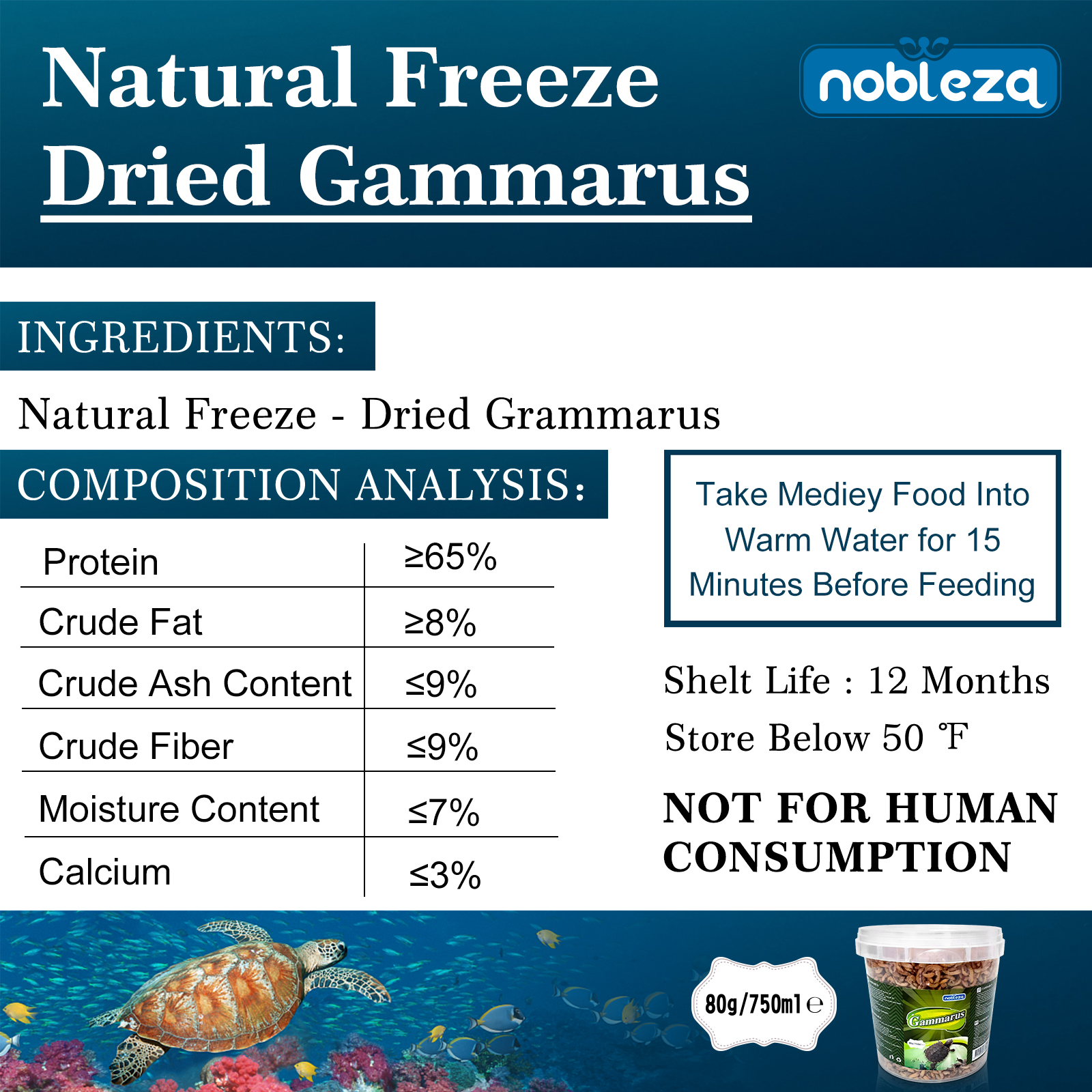 Alimento para tartarugas marinhas e cágados Nobleza, feito com camarões de rio naturais de alta qualidade, 80g / 750ml