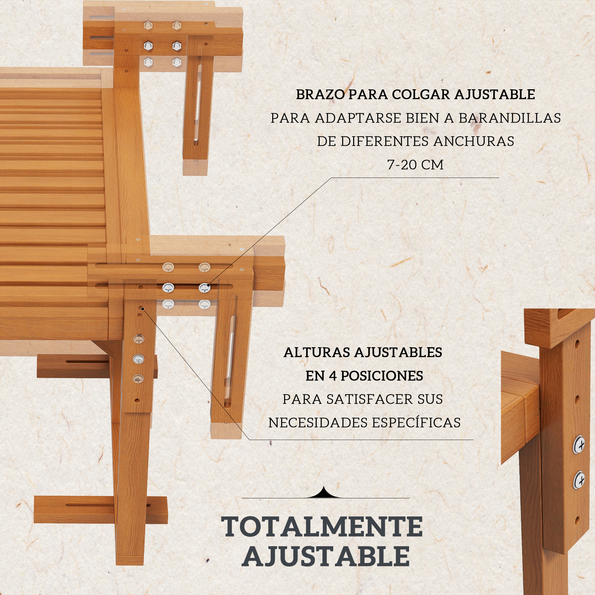 Mesa suspensa Outsunny para varanda, dobrável, em madeira, com 4 níveis de altura ajustáveis, capacidade de carga de 20 kg, ideal para terraços, dimensões 68x65x40,5-55 cm, madeira natural.