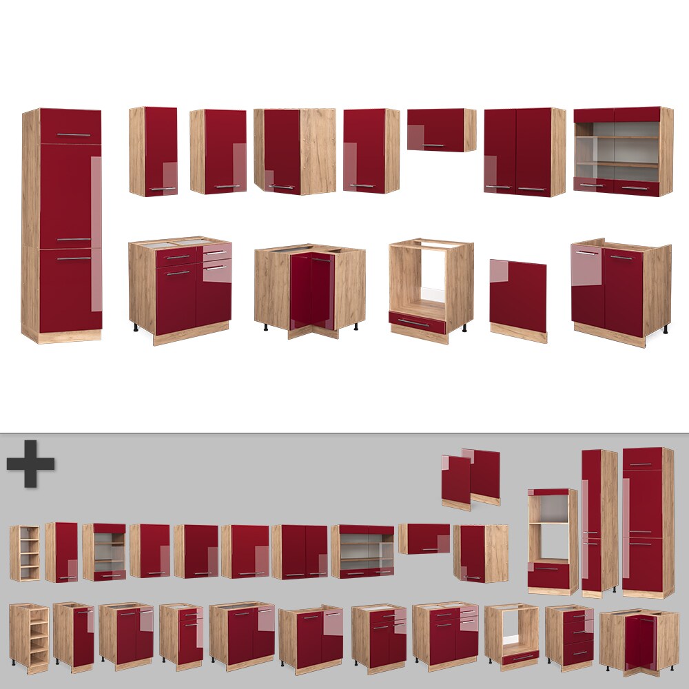 Vicco Eckküche Küchenzeile Einbauküche Fame-Line Eiche Bordeaux Rot 227x287 cm modern Spülenunterschrank Schubunterschrank Eckunterschrank Herdumbauschrank Hängeschrank Kühlumbauschrank Hängeglasschrank