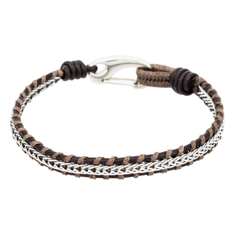 Bracelet Homme acier et cuir marron 