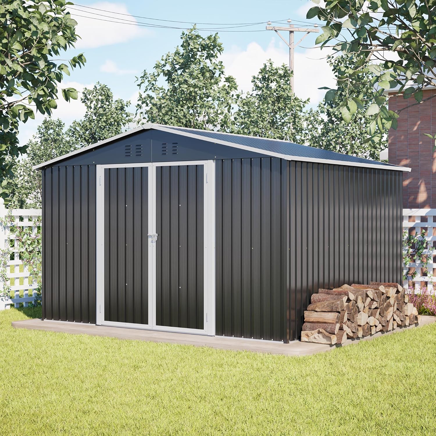 Gartenhaus Metall 300 x 252 x191 cm, Metall Gerätehaus XXXL, Geräteschuppen mit Satteldach, Abschließbare Schiebetüren, Verstärkter Stahlrahmen (A)