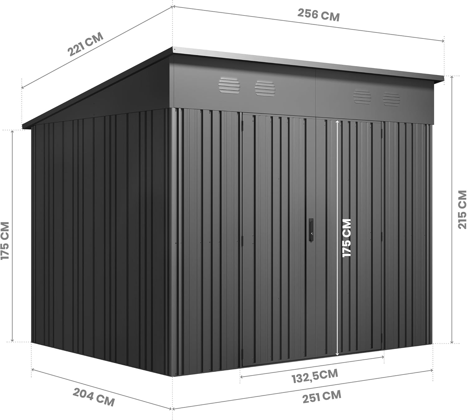Hoggar – Gartenhaus Y70 – V-Säulen – robuste Selbsttragende Struktur – verstärkte Tür – Schloss mit Schlüssel – robustes Dach – Metallschuppen 256 x 221 x 215