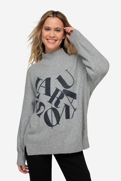 Pullover, Wording Print, Wollanteil, Stehkragen, Langarm