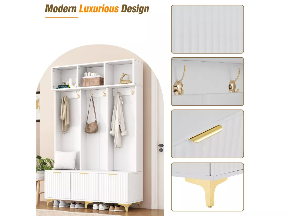 Vestiaire multifonction - avec banc à chaussures et patères - Blanc