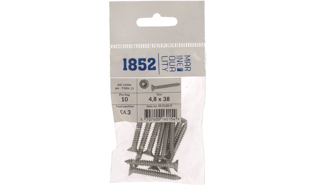 Skrue undersænk 4,8x38 a4 torx 10 stk iso 9478-4