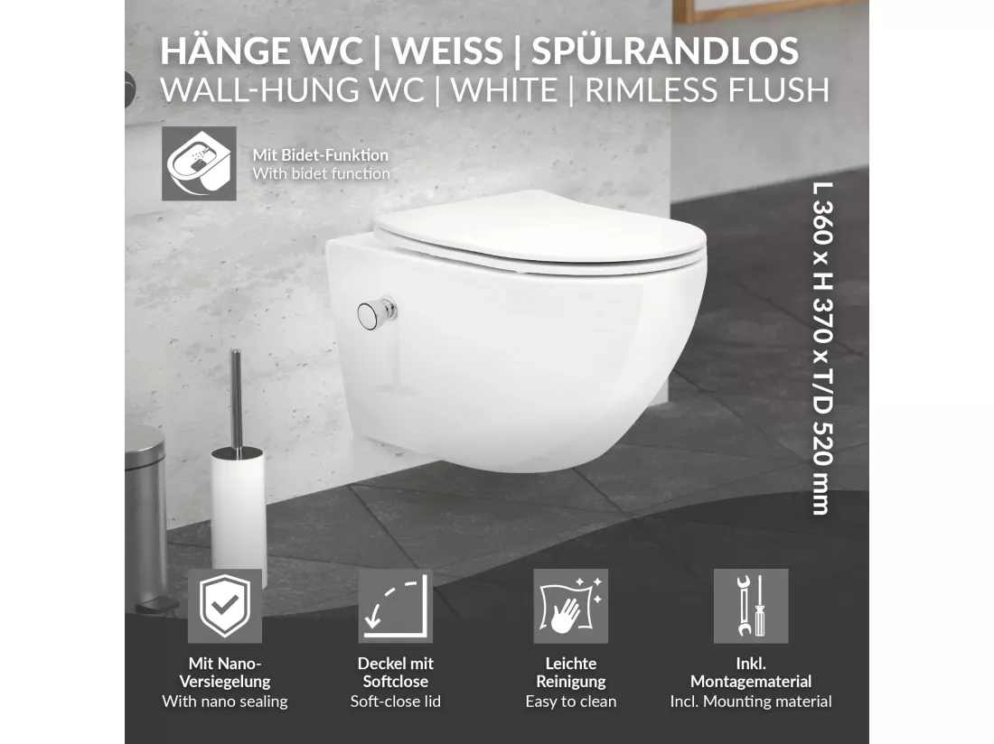 ECD Germany WC Suspendu sans Bride, Long 52 cm, Blanc, avec Fonction Bidet, Revêtement Nano, en Céramique, Abattant WC, Fermeture en Douceur, Chasse d'Eau