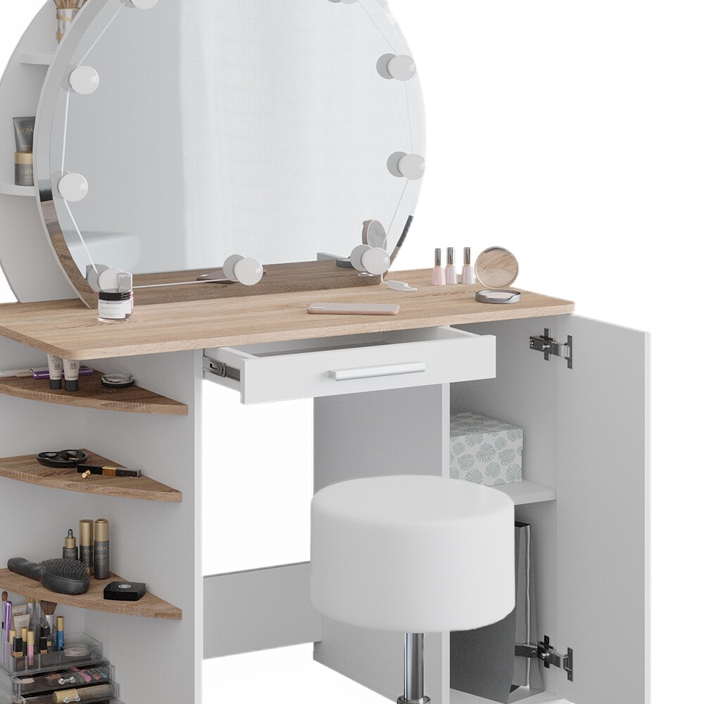 Vicco Schminktisch Frisiertisch Kosmetiktisch Almina Weiß Sonoma Schminkspiegel 100x143 modern LED Beleuchtung Hocker Schlafzimmerkommode Schminkkommode Schublade Frisierkommode Make-Up-Tisch