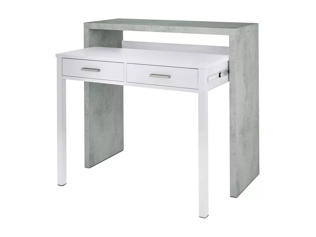 Bureau Billings, Bureau avec plateau extensible, Bureau PC avec 2 tiroirs, 99x36h88 cm, Ciment et Blanc