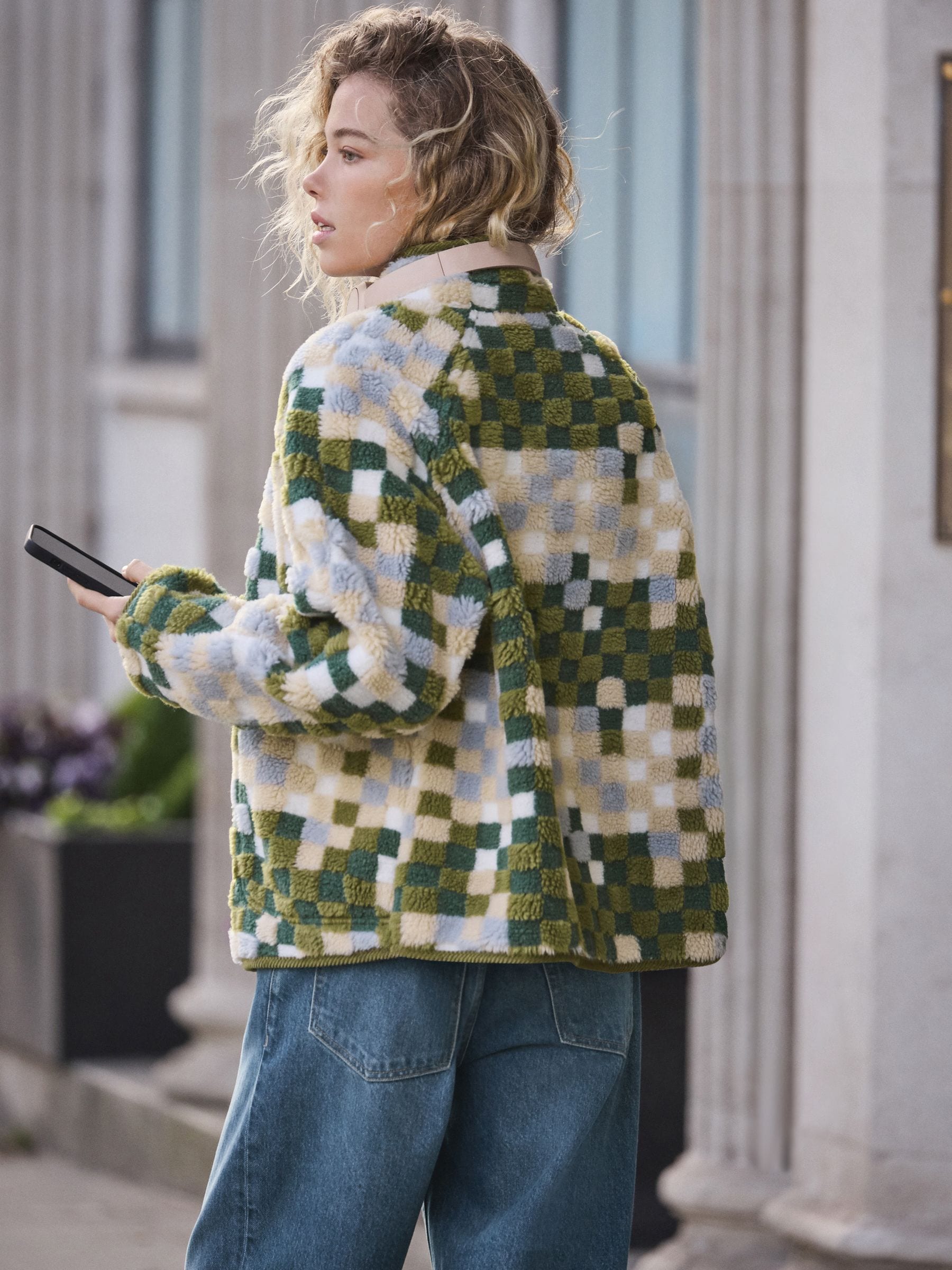 Groen ruit patroon - Behaaglijke teddy Borg mixgeweven fleece Jack met Knoopsluiting