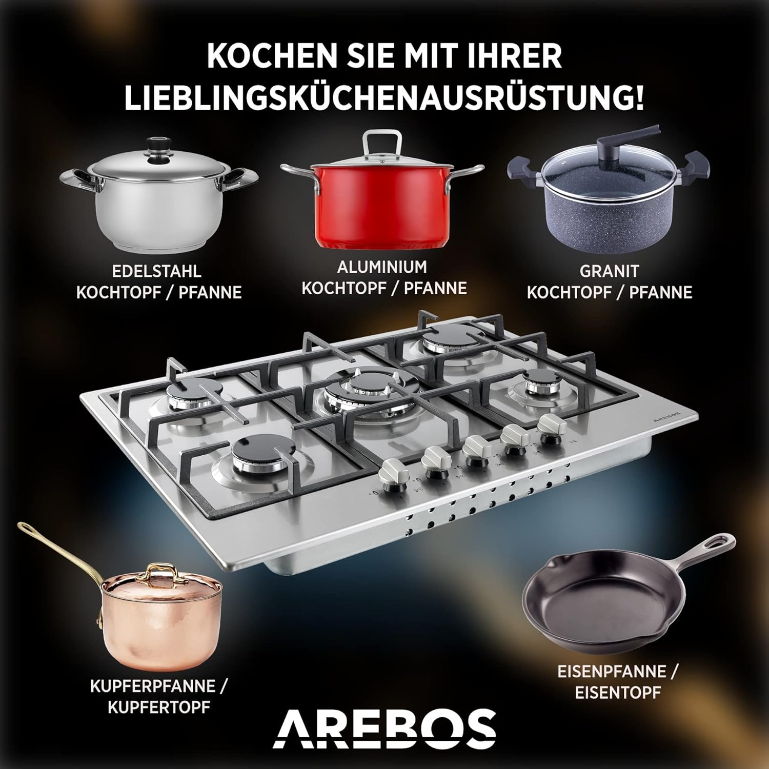 Arebos Gaskochfeld 5 Flammig | Edelstahl Gasherd mit automatischem Flammenschutz | Erd- oder Propangas | Gaskocher Autark, effizient und energiesparend
