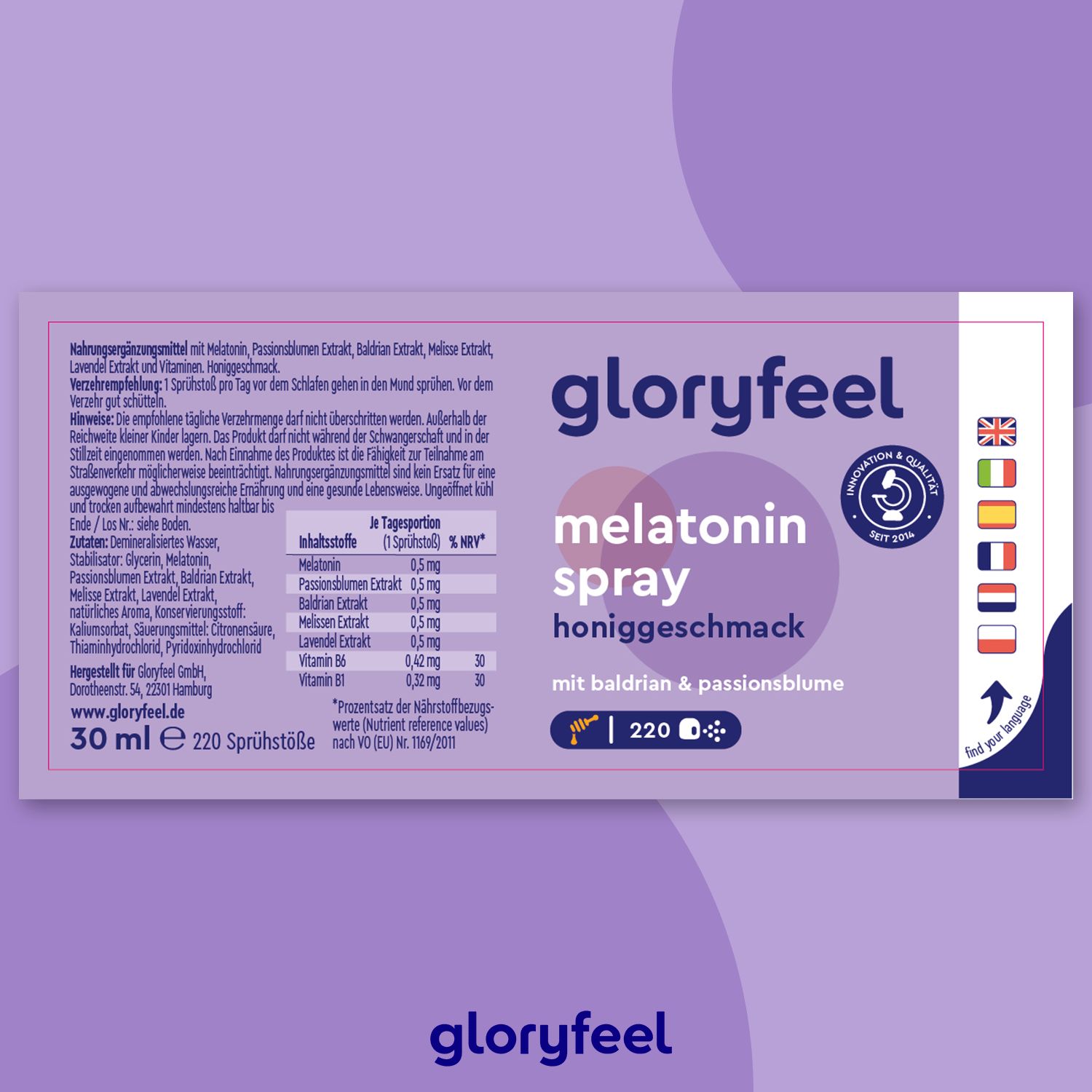 gloryfeel® Melatonin + Baldrian, Lavendel & Melisse Spray Honig