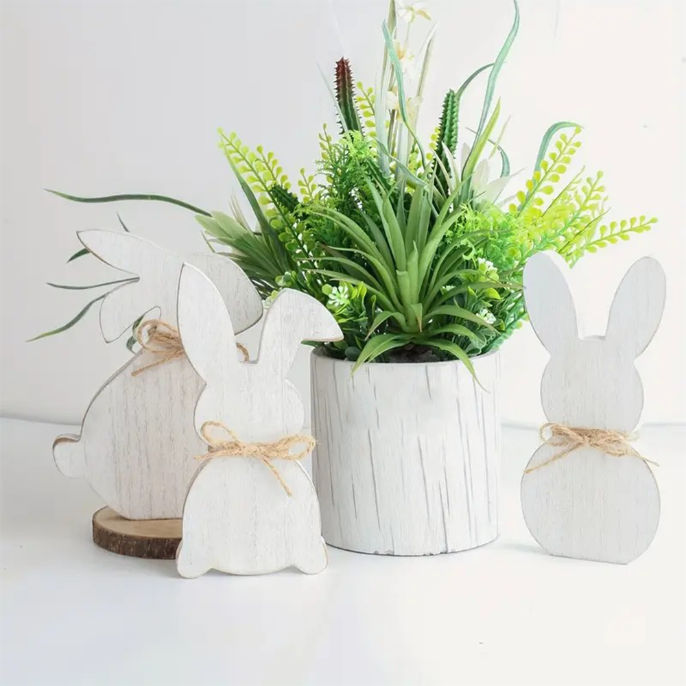 (8x17cm) Holz Oster Deko Home Accessoire Osterhasen Aufsteller mit Jute Schleife - Weiss / Braun