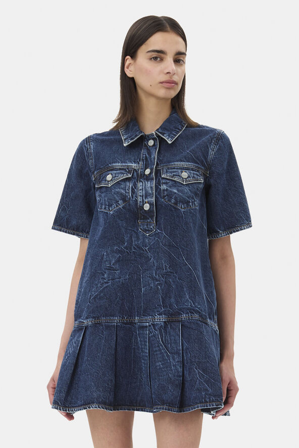 Ganni Crinkled Future Denim Mini Dress Mid blue stone