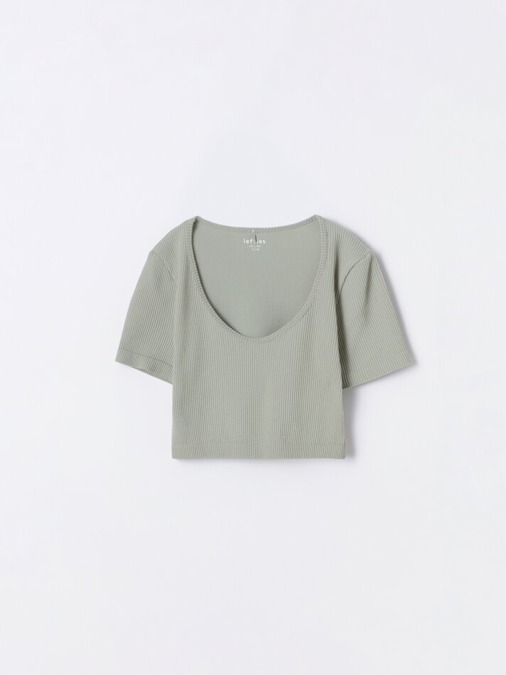 Camiseta cropped sem costura - Cáqui