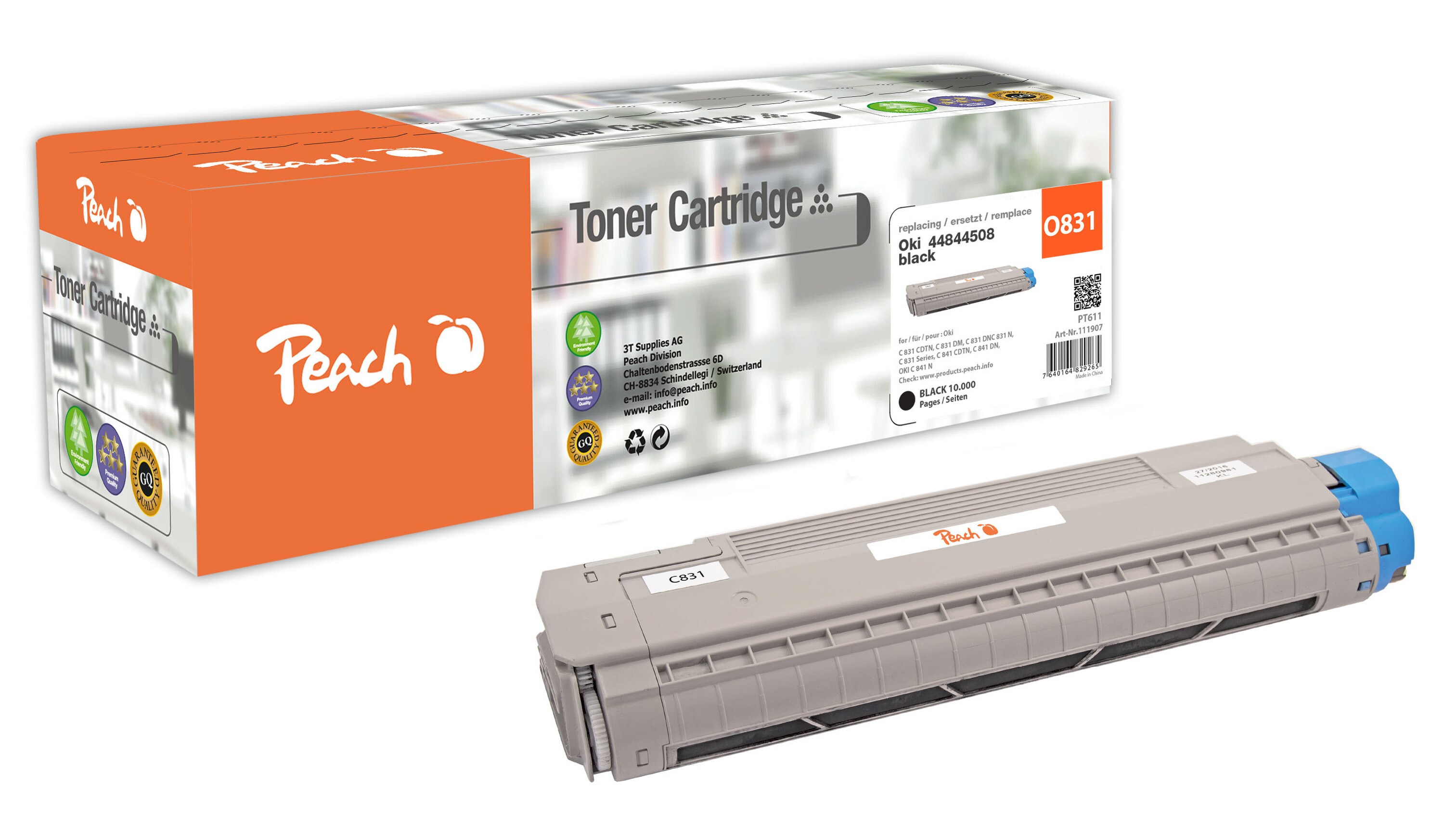 Peach O4484Toner bk ersetzt OKI 44844508 für z.B. OKI C 831 CDTN, OKI C 831 DM, OKI C 831 DN, OKI C 831 N, OKI C 831, OKI C 841 CDTN (wiederaufbereitet)