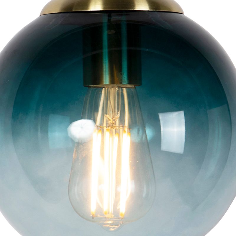 Art deco hanglamp messing met oceaanblauw glas 20 cm - Pallon