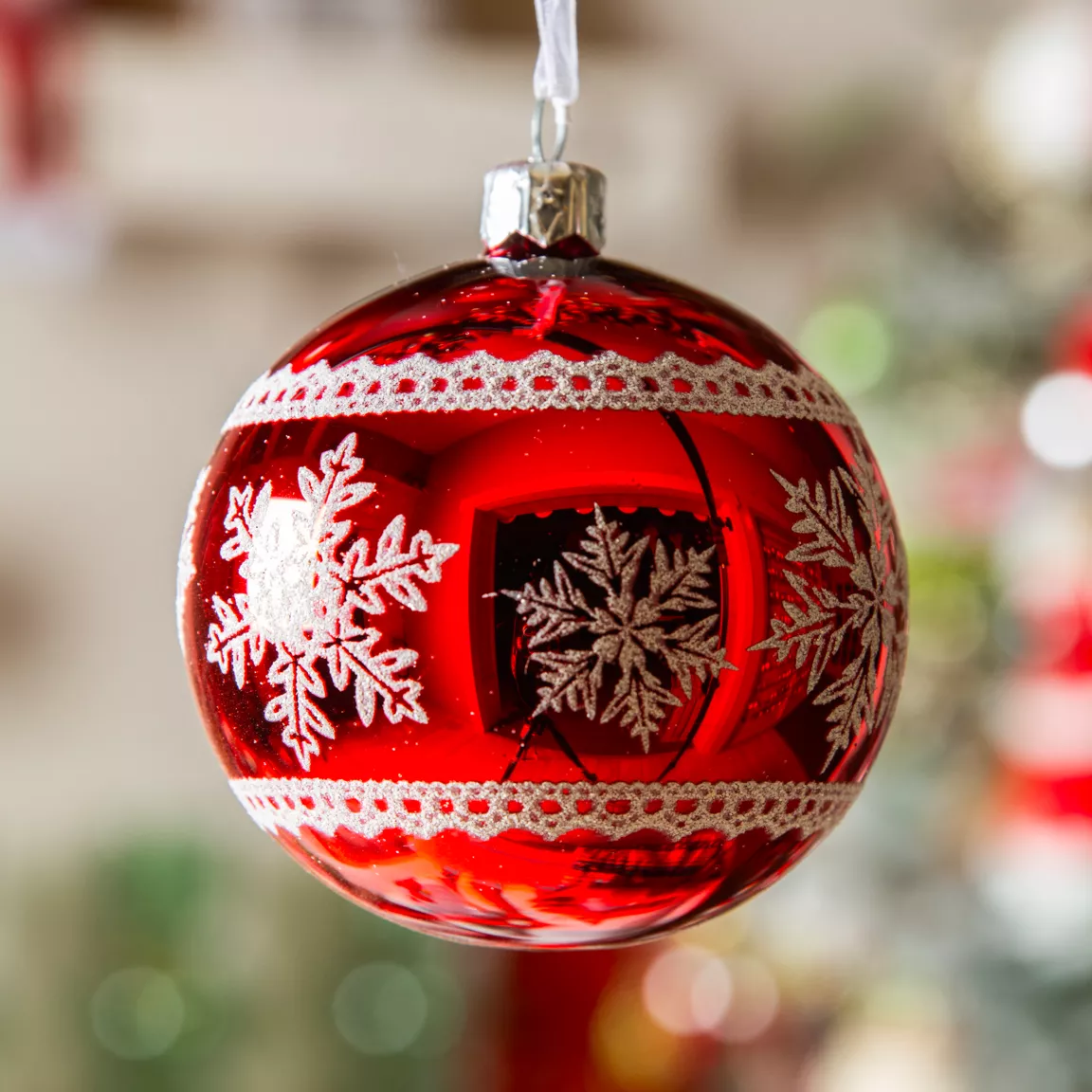 Lot de 6 boules de Noël en verre (D80 mm) Flocons d'hiver Rouge