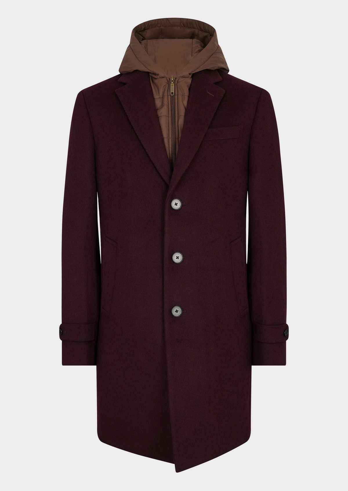 Manteau en laine mélangée unie bordeaux à capuche amovible