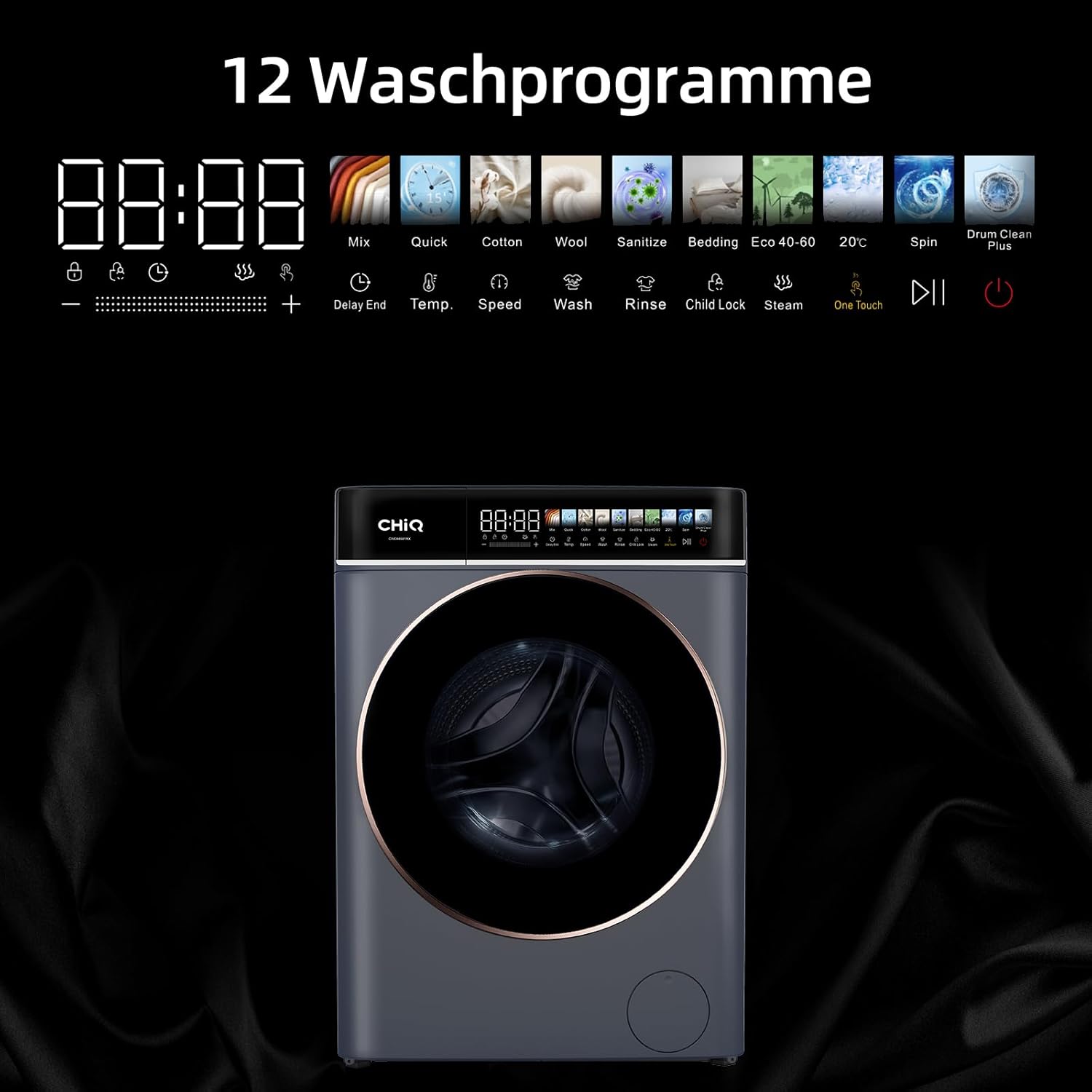CHiQ CW106581AX Waschmaschine 10 kg, EEK A-10%| LED-Touchscreen, 1400 U/M | 12 Waschzyklen Speed Wash, Eco, Dampf, Timer| Frontlader washer, Wohnungen, Hotels, Schwarz