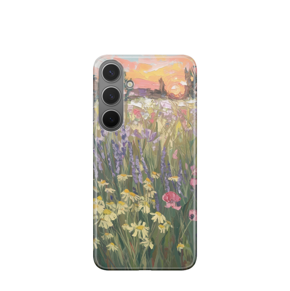 Samsung Galaxy S24 Plus Gummi Hülle Abendsonne über der Wiese - Grün