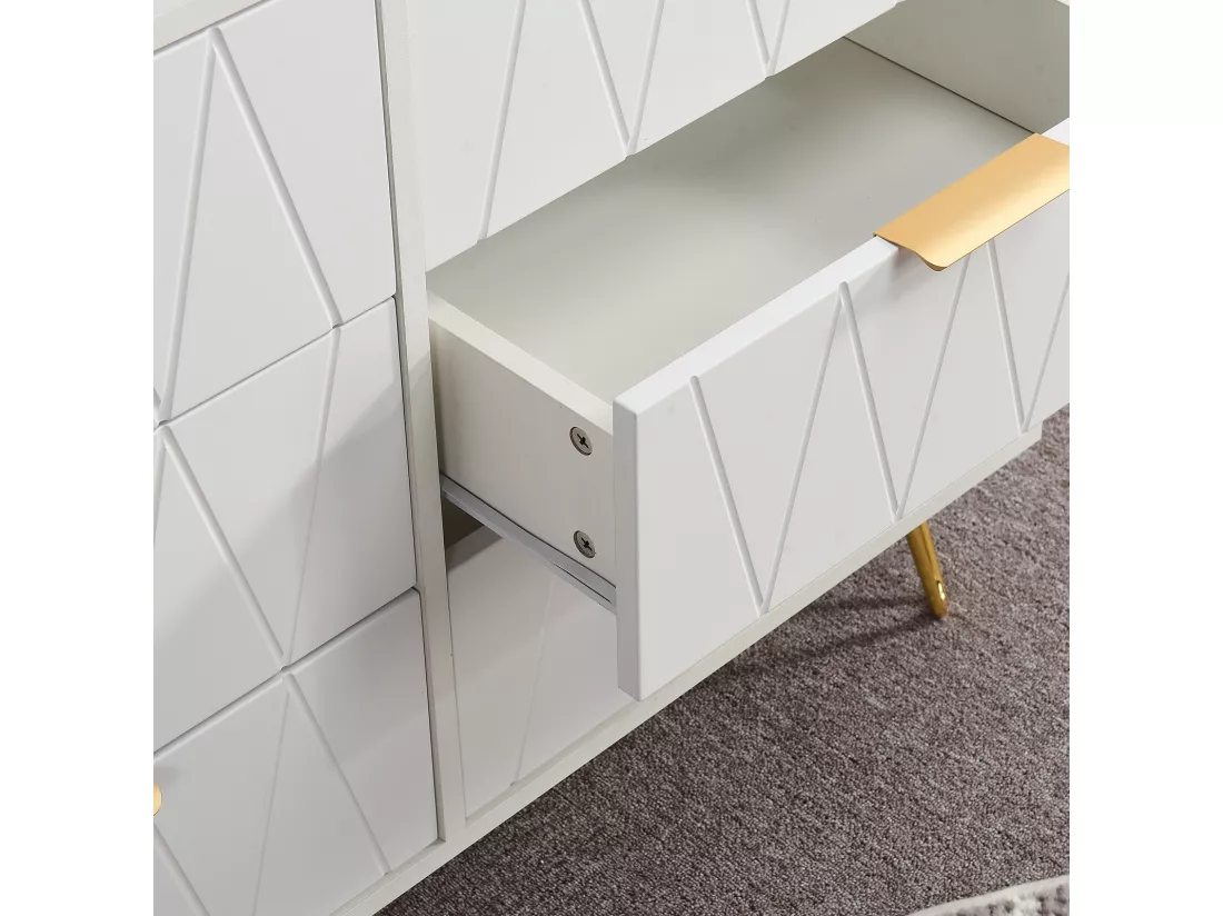 Buffet bas avec 6 Tiroirs - Commode - Bois MDF et métal doré - 100 x 34 x 73cm - Blanc