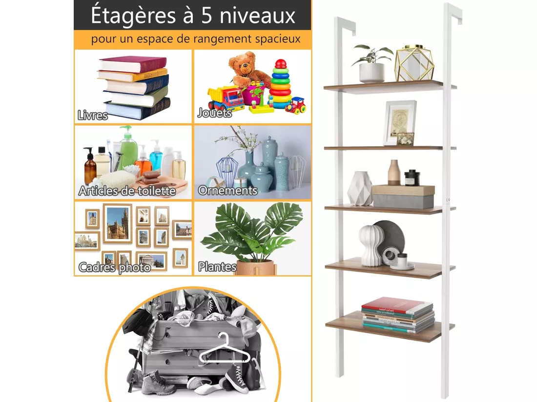 Étagère Échelle Bibliothèque 5 Niveaux avec Cadre Métallique, Étagère de Rangement Montage Incliné Style Industriel (Blanc+Marron)