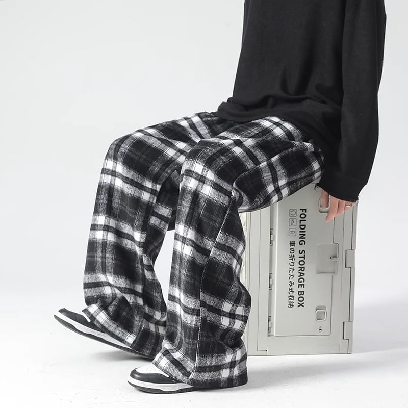 emeisa - Geruite broek met wijde pijpen en trekkoordtaille
