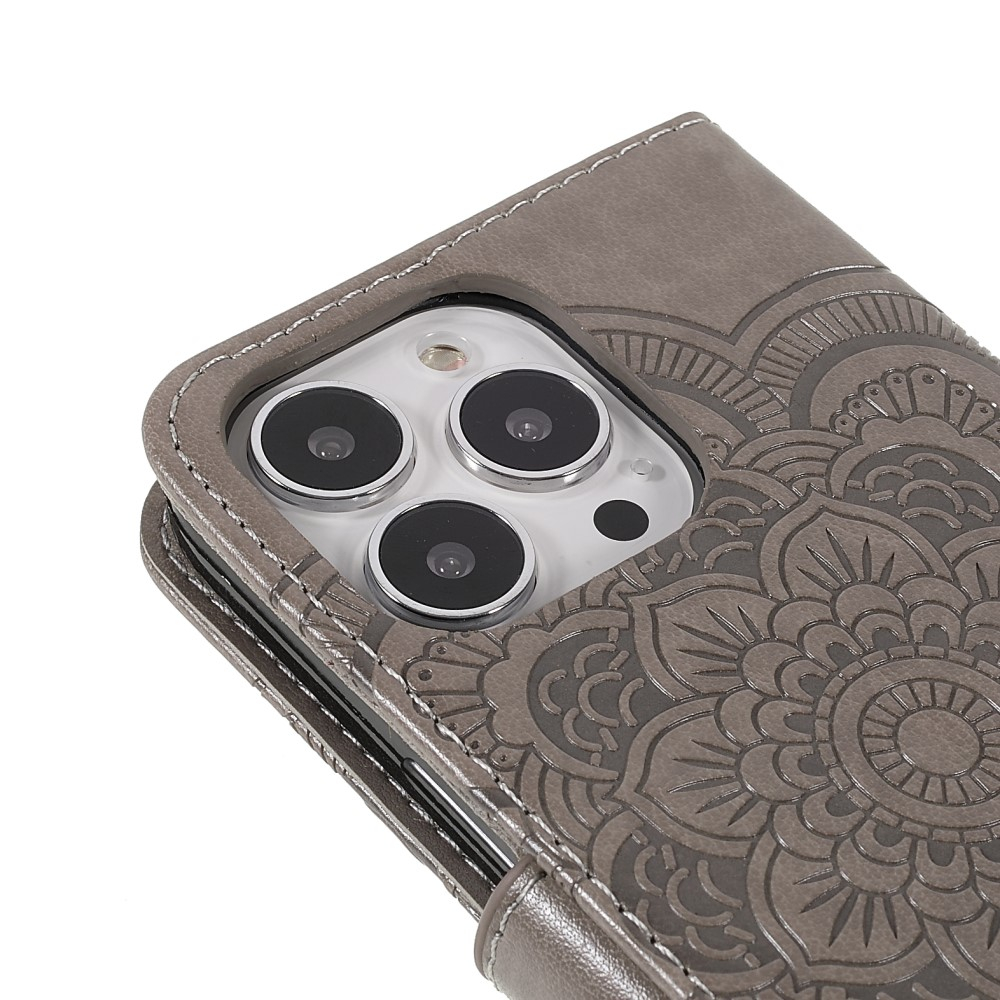 iPhone 13 Pro Leder Tasche Wallet - Mandala Flowers Imprint - Grau