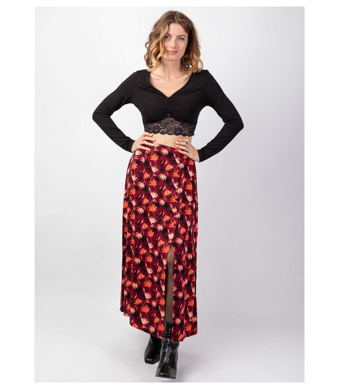Jupe longue fendue hiver en viscose épais LIBERTY motif fleuri bordeaux Coton Du Monde