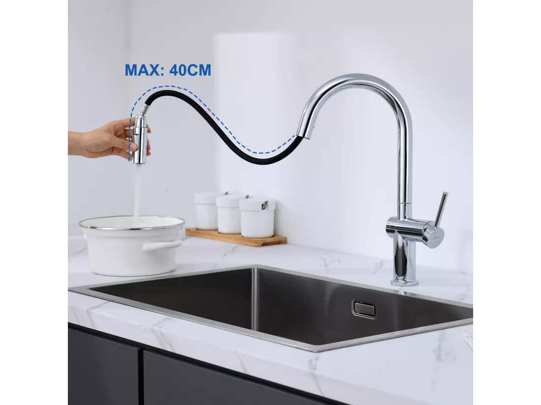 Mitigeur de Cuisine Douchette Extractible,,avec 2 Fonctions Robinet de Cuisine Rotatif à 360°,Acier Inoxydable,Eau Froide et Chaude,Chromé