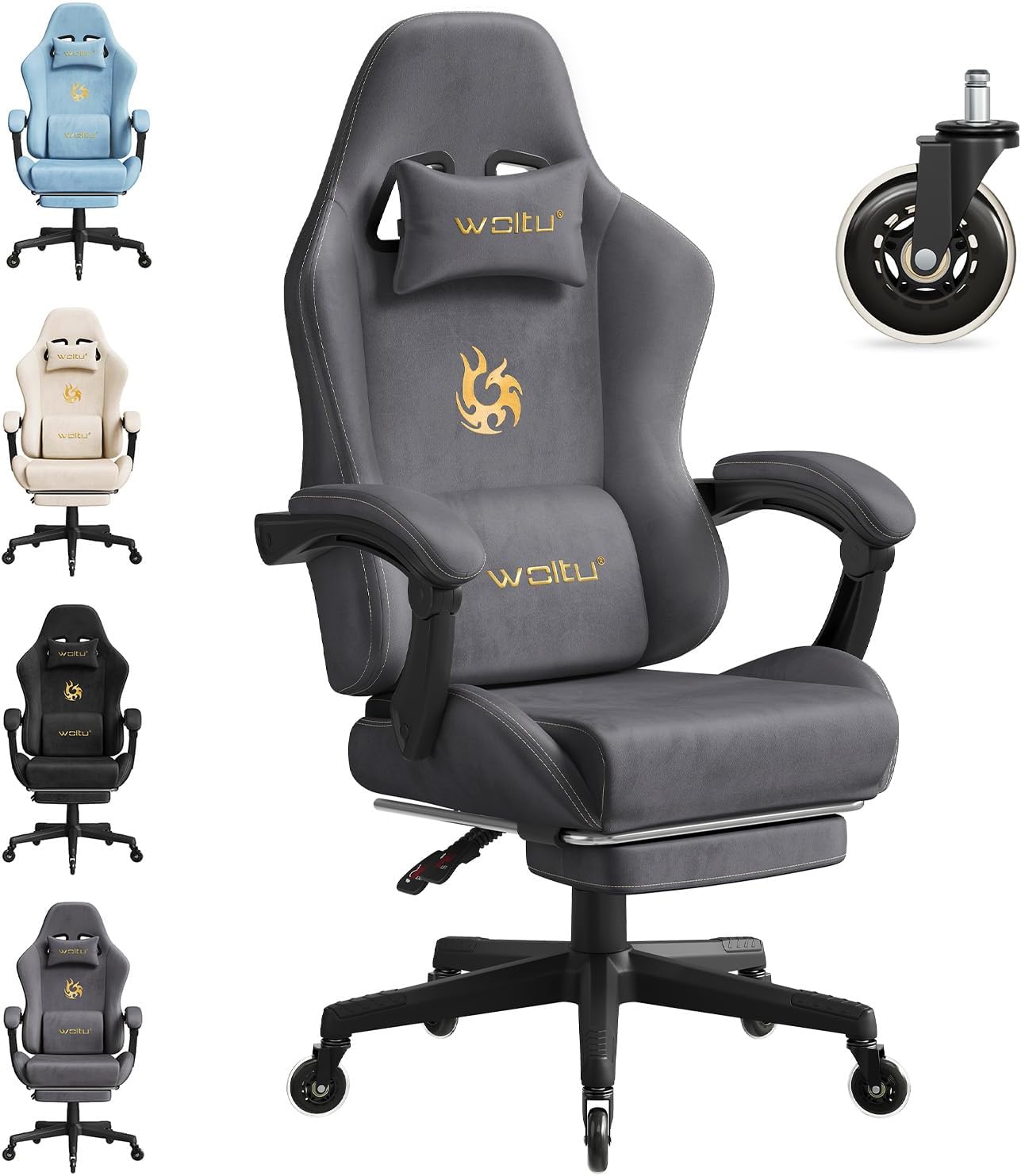 WOLTU Gaming Stuhl ergonomisch, mit Verstellbarer Rückenlehne, Bürostuhl drehbar mit Armlehenen, Fußstütze, Lendenstütze, Kopfstütze,Grau