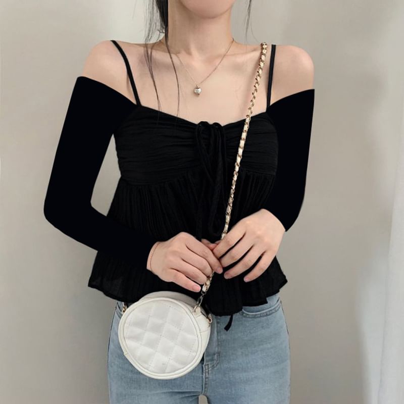 Honet - Cami-top met lange mouwen en spaghettibandjes, gerimpeld en doorschijnend mesh