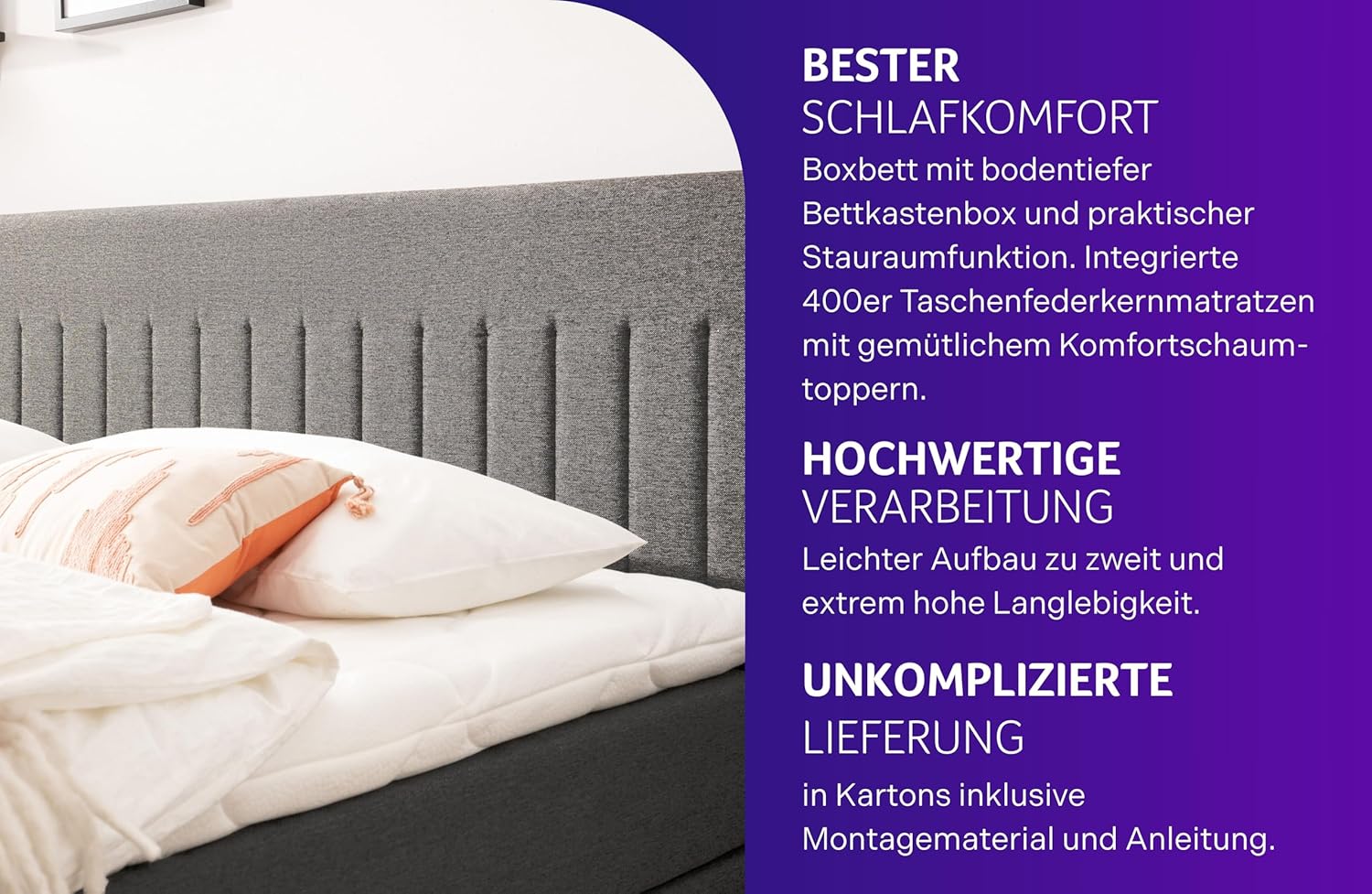 Traumnacht Boxbett Nizza mit praktischem Stauraum, mit 7-Zonen Tonnentaschenfederkernmatratze (H3) und Komfortschaumtopper, Leichter Aufbau, 180 x 200, dunkelgrau