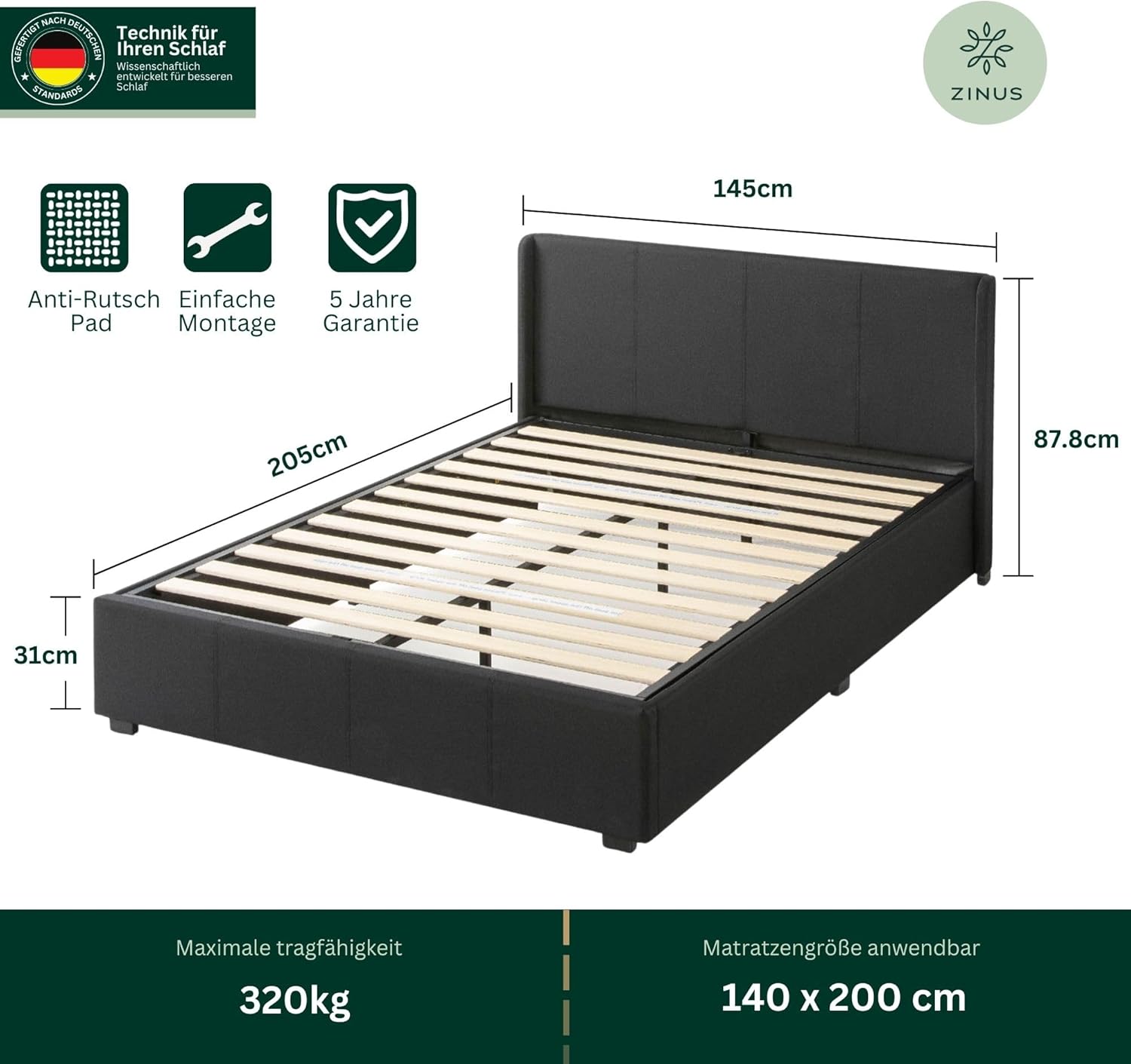 Zinus Maddon Polsterbett 140x200 cm mit Stauraum - 31 cm Hohes Bett mit Lattenrost aus Holz & Kopfteil - Hydraulischer Hebemechanismus & Stauraum - Schwarz