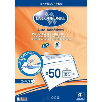 La Couronne - 50 Enveloppes C5 162 x 229 mm - 80 gr - sans fenêtre - blanc - bande auto-adhésive - ouverture facile