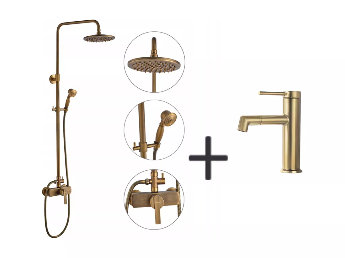 Auralum Max Colonne douche en laiton Bronze Rétro,Douche avec Mitigeur Mécanique,Hauteur Réglable+Robinet Lavabo Pivotant 360°,Eau Chaude/Froide,Doré