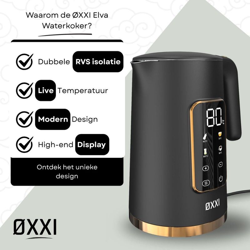 ØXXI - Waterkoker - Retro Zwart - Dubbelwandig 1.7L - Temperatuurregeling met Display