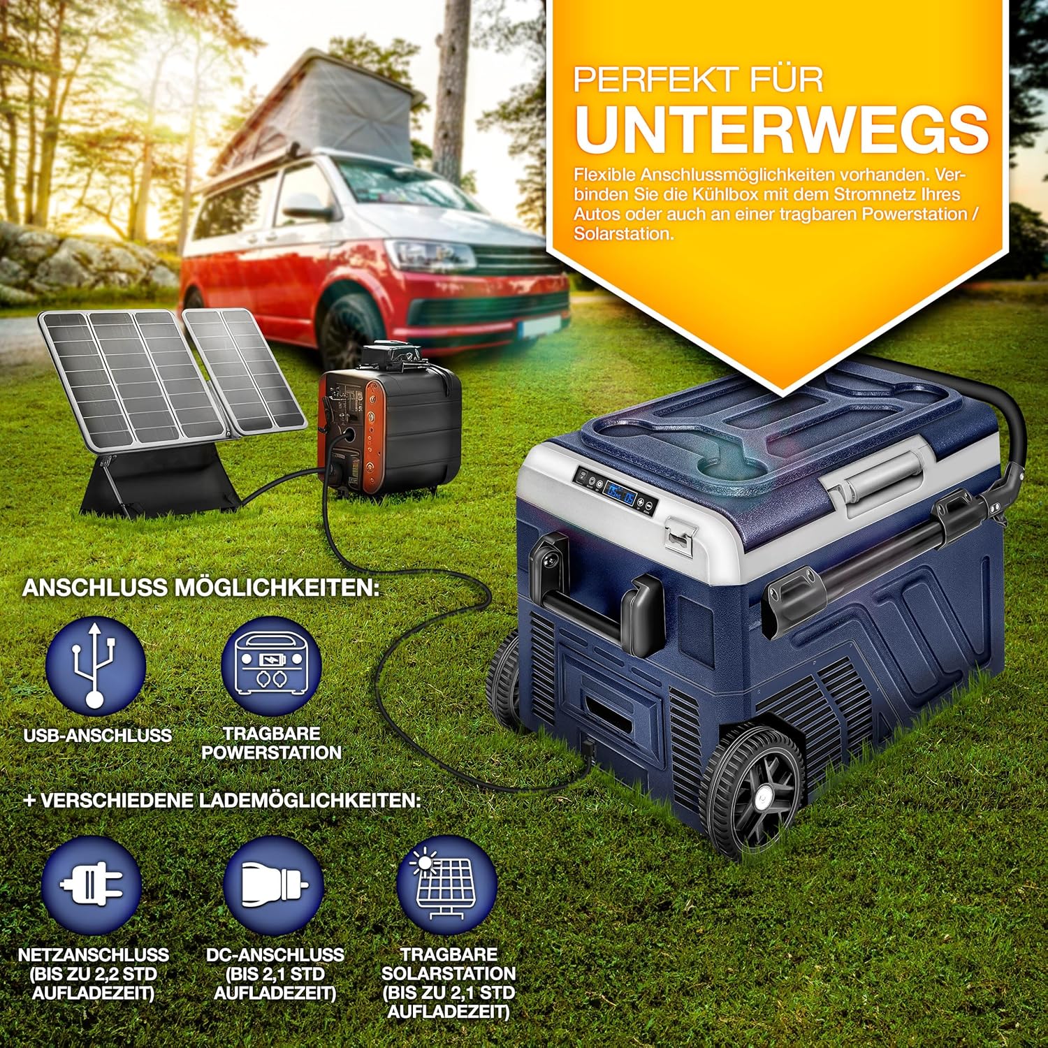 tillvex® Kompressor Kühlbox elektrisch 40-60 Liter | Elektrische Gefrierbox WIFI-APP-Steuerung 12/24 V 230V | Kühlschrank bis -20 °C für Auto, Lkw, Camping (Navyblau, 50 Liter)