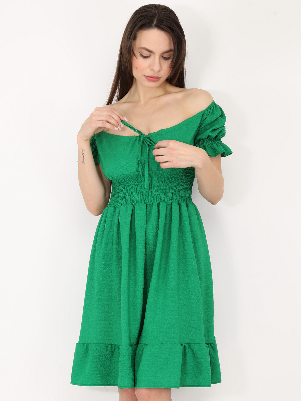 Robe patineuse à manches ballons- Vert