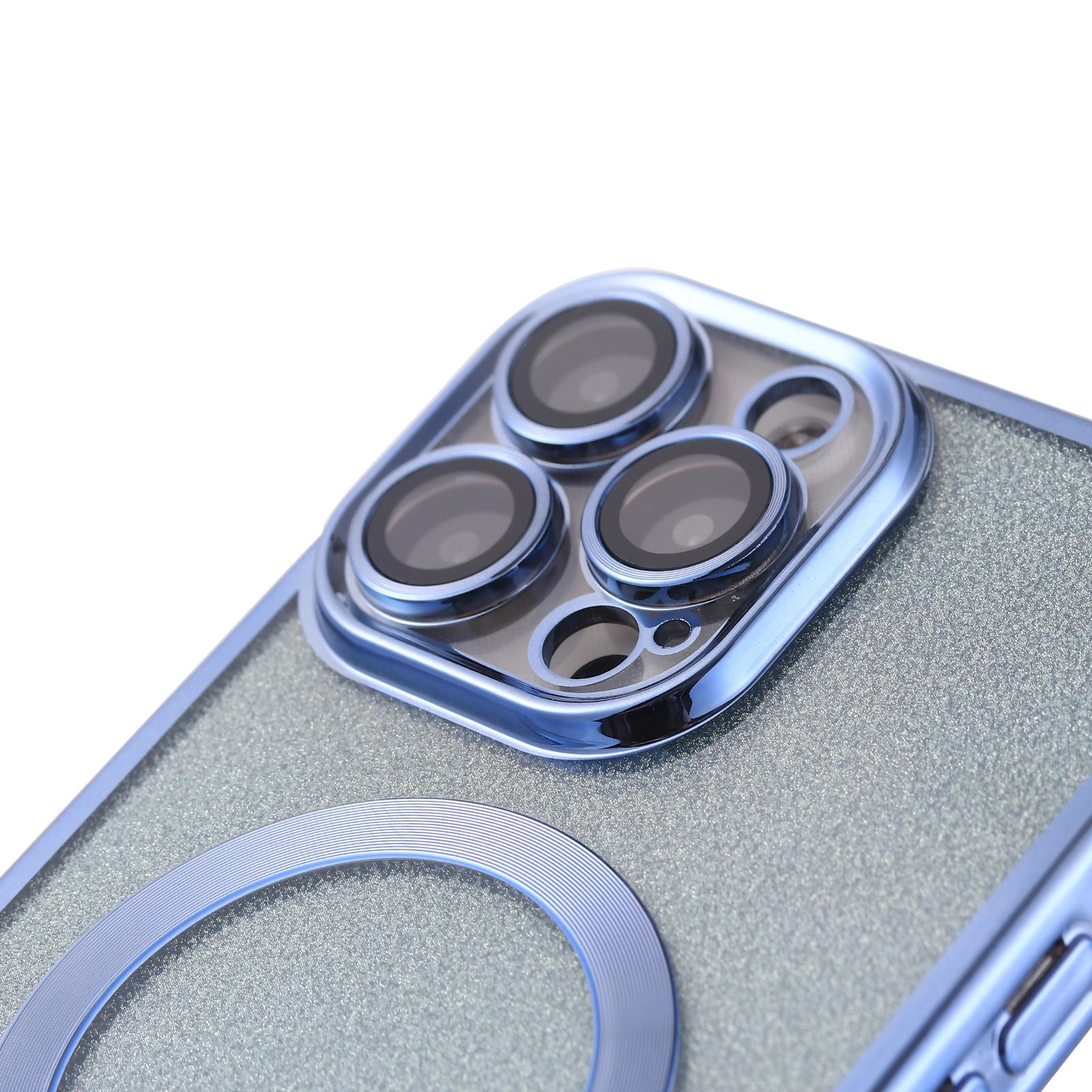 iPhone 14 Pro Max MagSafe Gummi Case Hülle mit Acryl Kameraglasschutz im Glitzer Design - Hellblau / Transparent