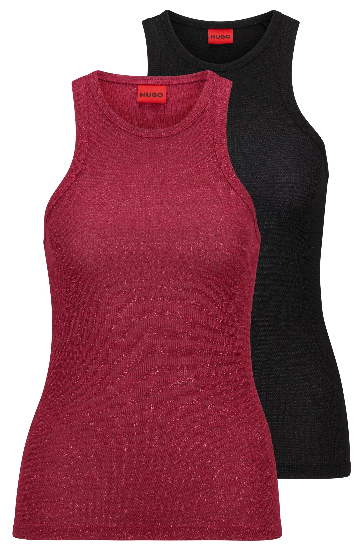 Conjunto HUGO vermelho com duas regatas com efeito glitter, em caixa de presente.