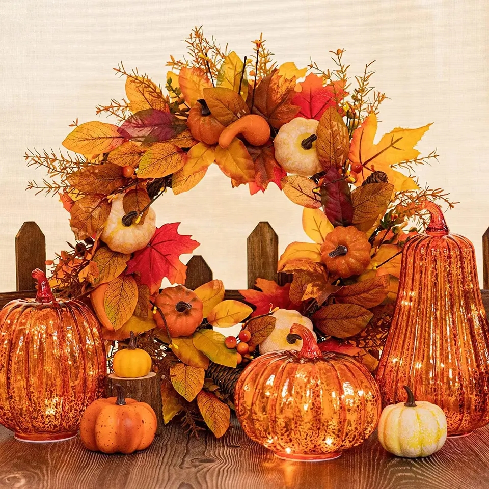 (14x19.5cm) LED Glas Kürbis Lampe Herbst Accessoire Thanksgiving Home Deko mit Beleuchtung