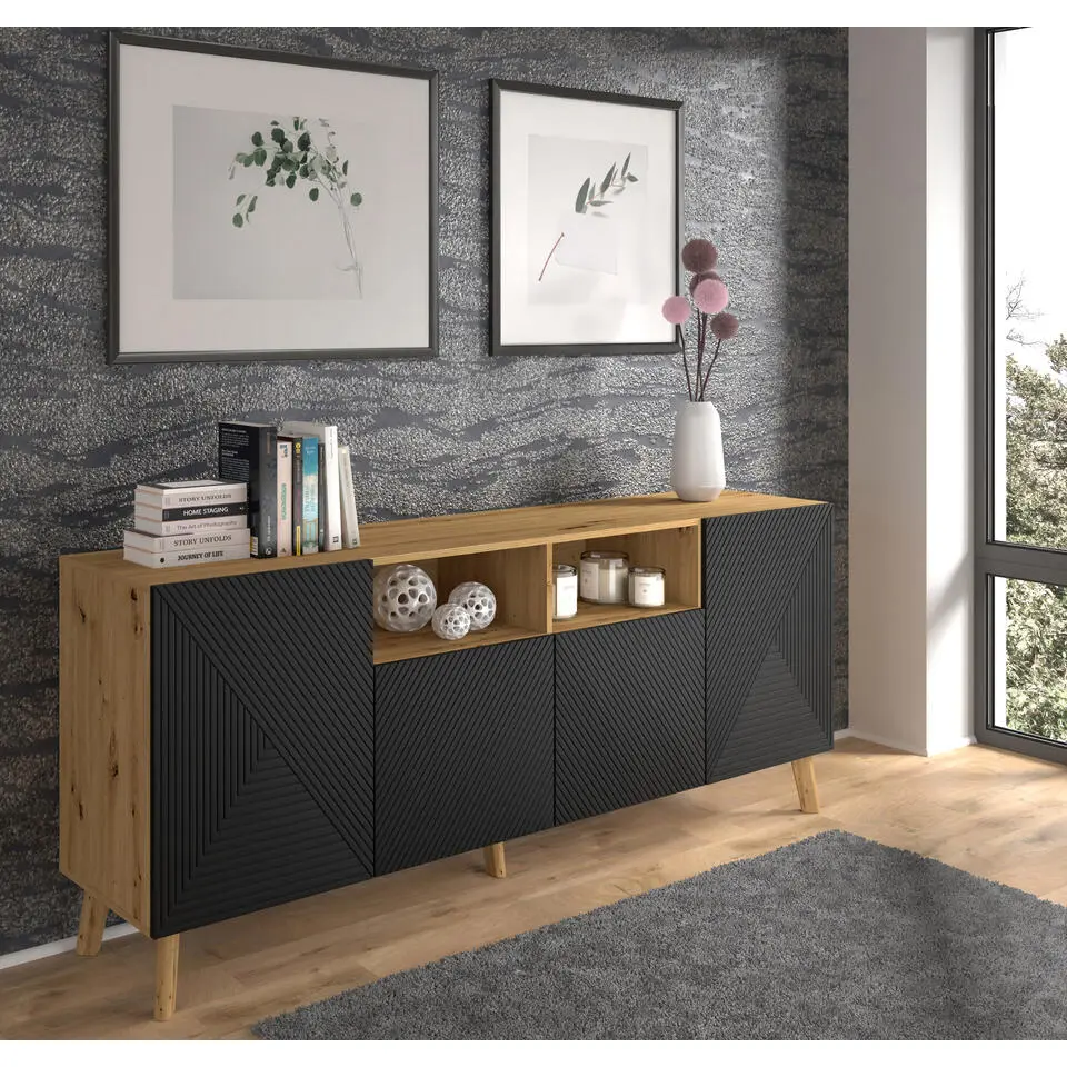LUXI dressoir 4D 195 cm artisan eiken / zwart mat
