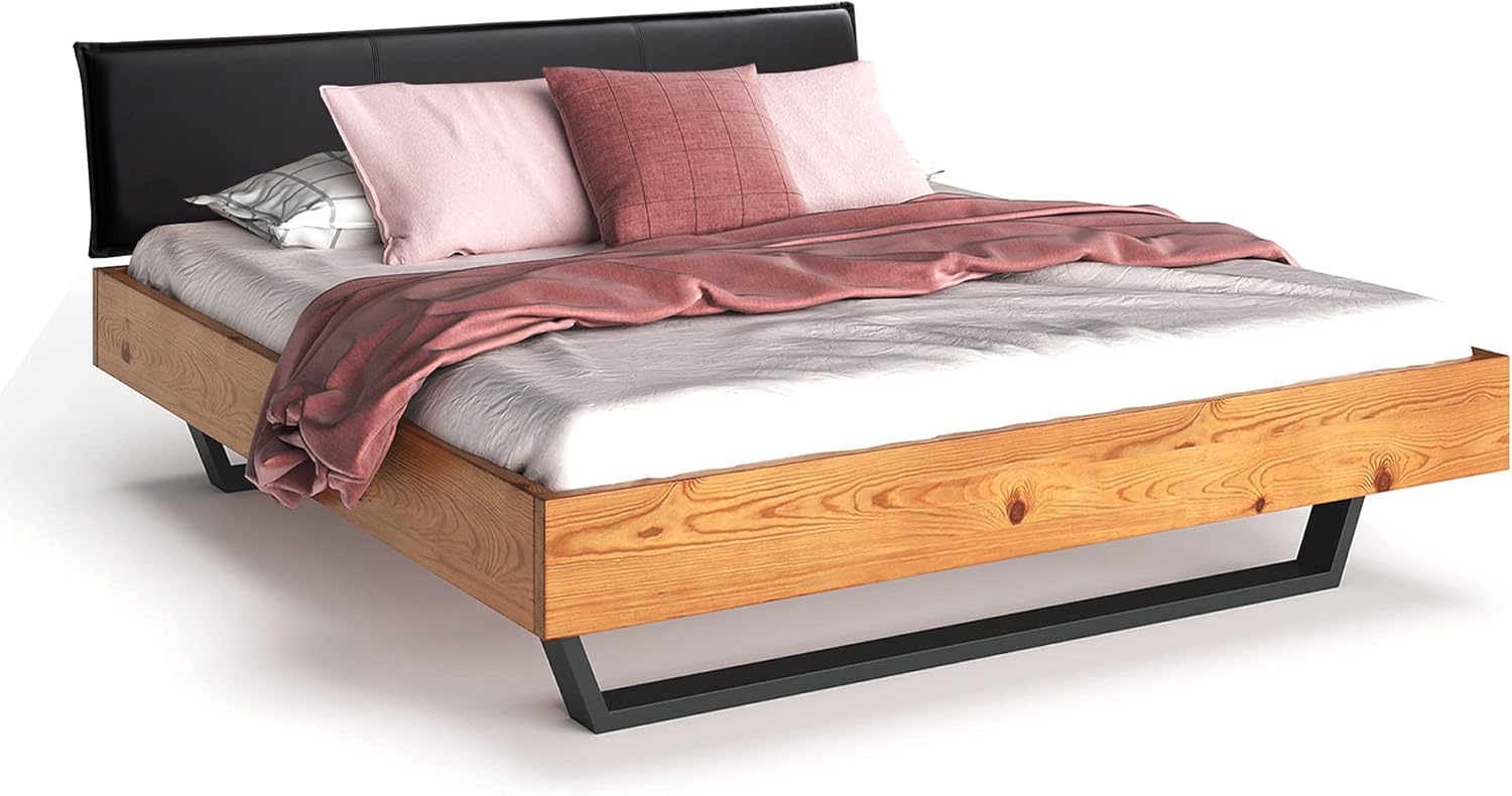 moebel-eins CURBY Kufenbett mit Polsterkopfteil, Material Massivholz, rustikale Altholzoptik, Fichte, Kufen schwarz
