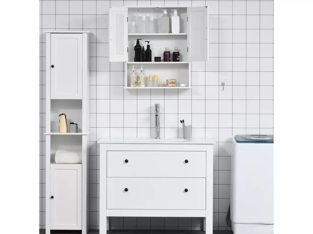 Armoire murale de salle de bain 2 portes - étagère, niche - dim. 60 x 20 x 70 cm - blanc